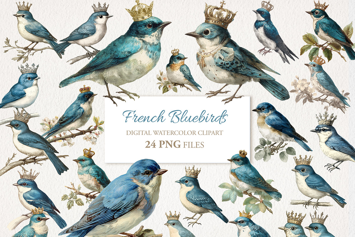 French Bluebirds Clipart 24 PNG, an Animal Illustration by EleSArtDesign (Photo 1 of 4)