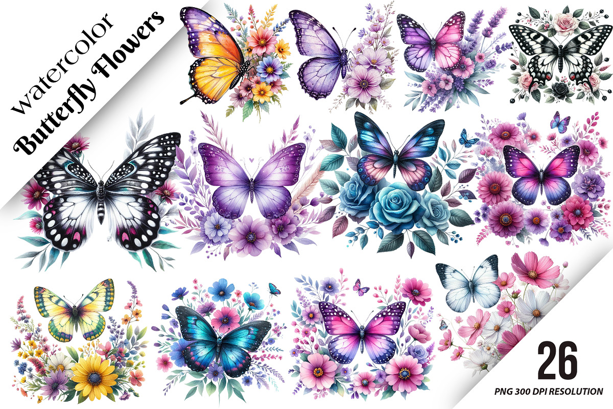 Butterfly Flowers Sublimation Clipar, an Illustration by DreamArtGraphic (Photo 1 of 4)