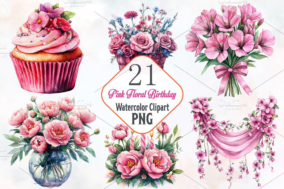 Pink Floral Birthday Watercolor Png, an Illustration by RobertsArt (Photo 1 of 7)