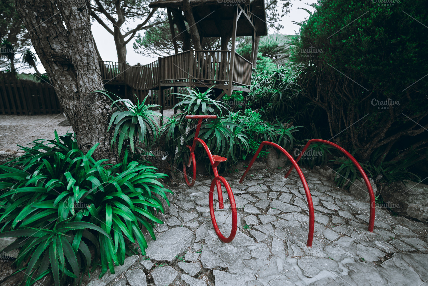 Red bike rack in tropical greenery, a Transportation Photo by SkyNext