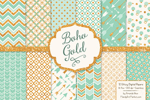 Mint Glitter Bohemian Digital Papers