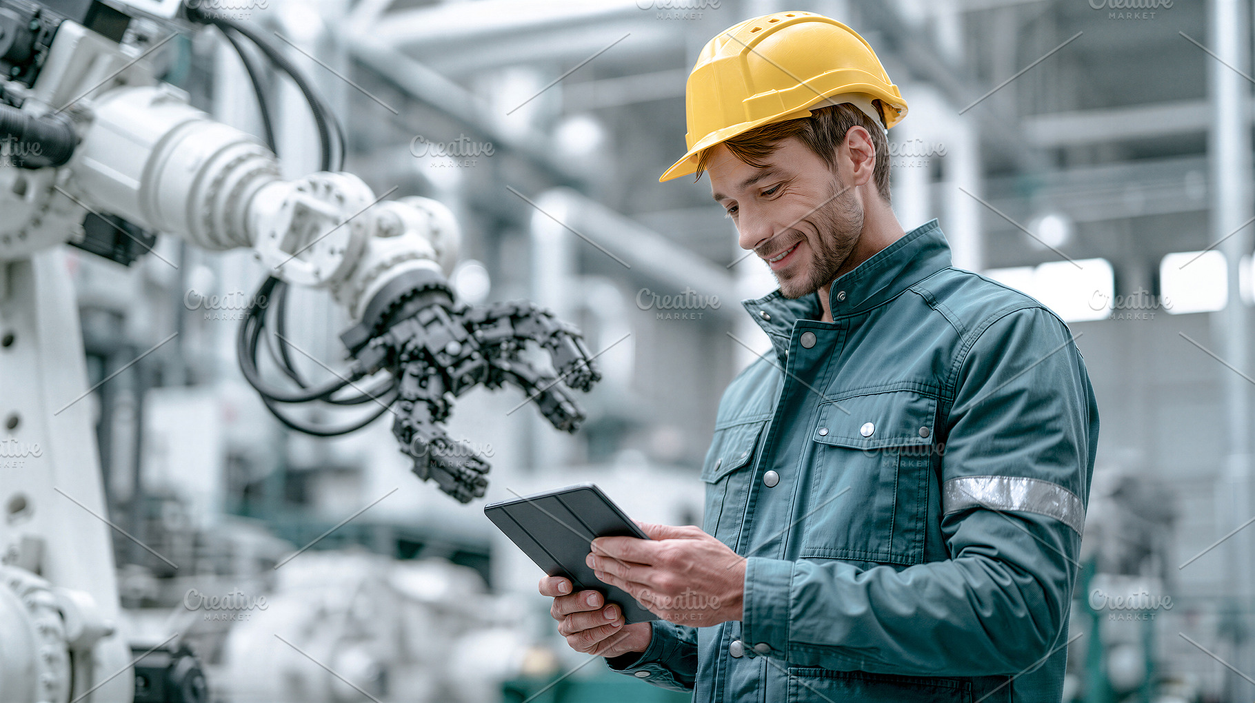 Engineer monitoring robotic arm, an Industrial Photo by 7DesignLab