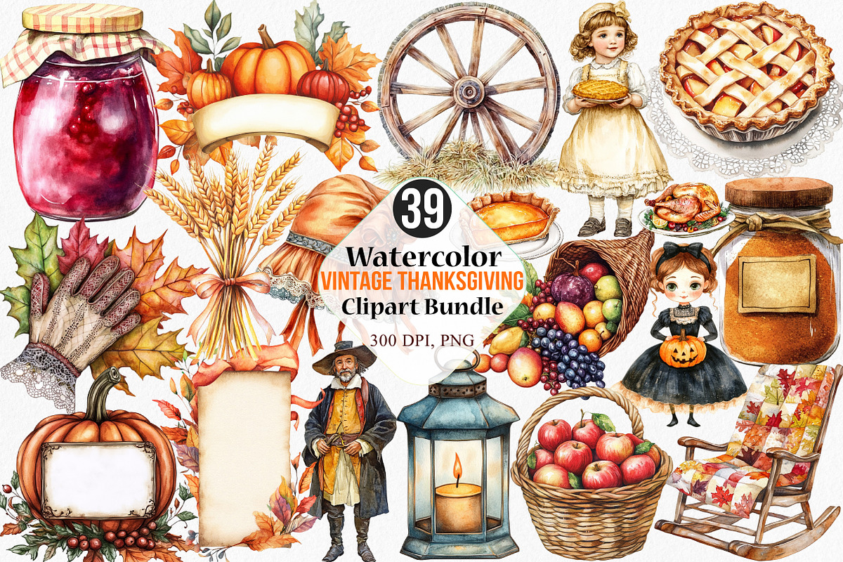 Vintage Thanksgiving Clipart, an Illustration by Canvas Craft (Photo 1 of 7)