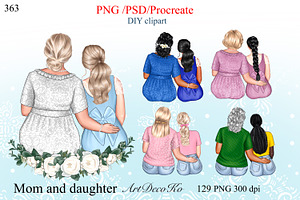 Elderly mother and daughter clipart,