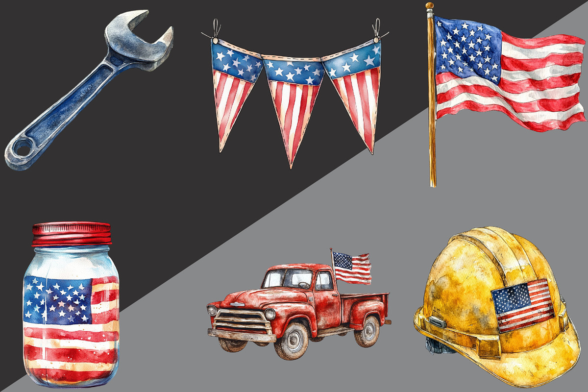 Labor Day Watercolor Clipart, an Illustration by Black Bird Studio (Photo 2 of 6)