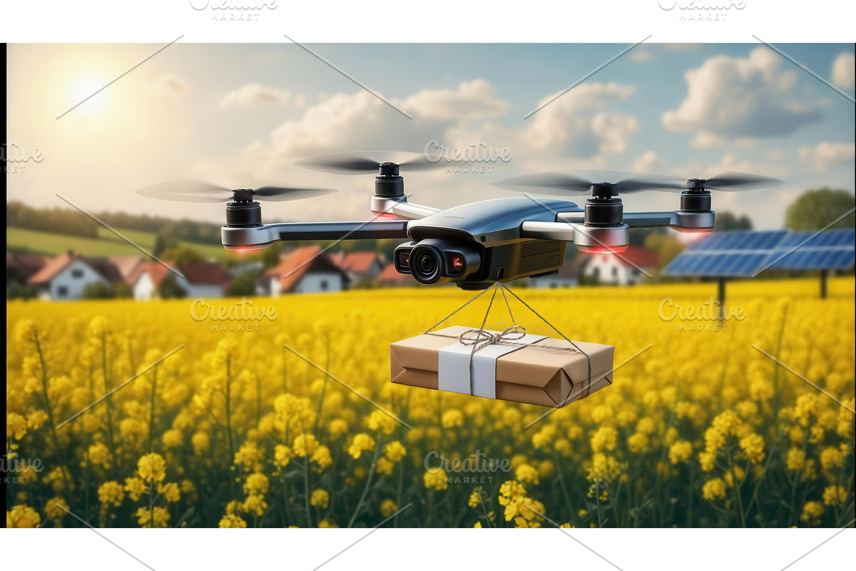 Drone delivering a package over a, an Illustration by tilialucida
