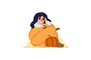 Happy girl embracing giant pumpkin, an Object Illustration by pikepicture