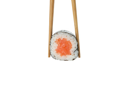 Chopsticks with maki isolated on white background, a Food & Drink Photo by AtlasStudio PRO