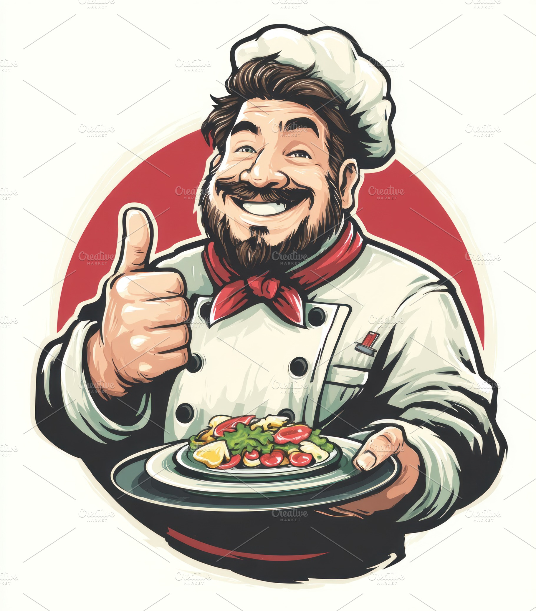 Smiling cartoon chef giving thumbs up while holding a plate of f, a Person Photo by José Manuel Gelpi