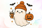 Cute Ghost Coffee Pumpkin Halloween, an Illustration by Sublimation Artist (Thumbnail 1 of 9)