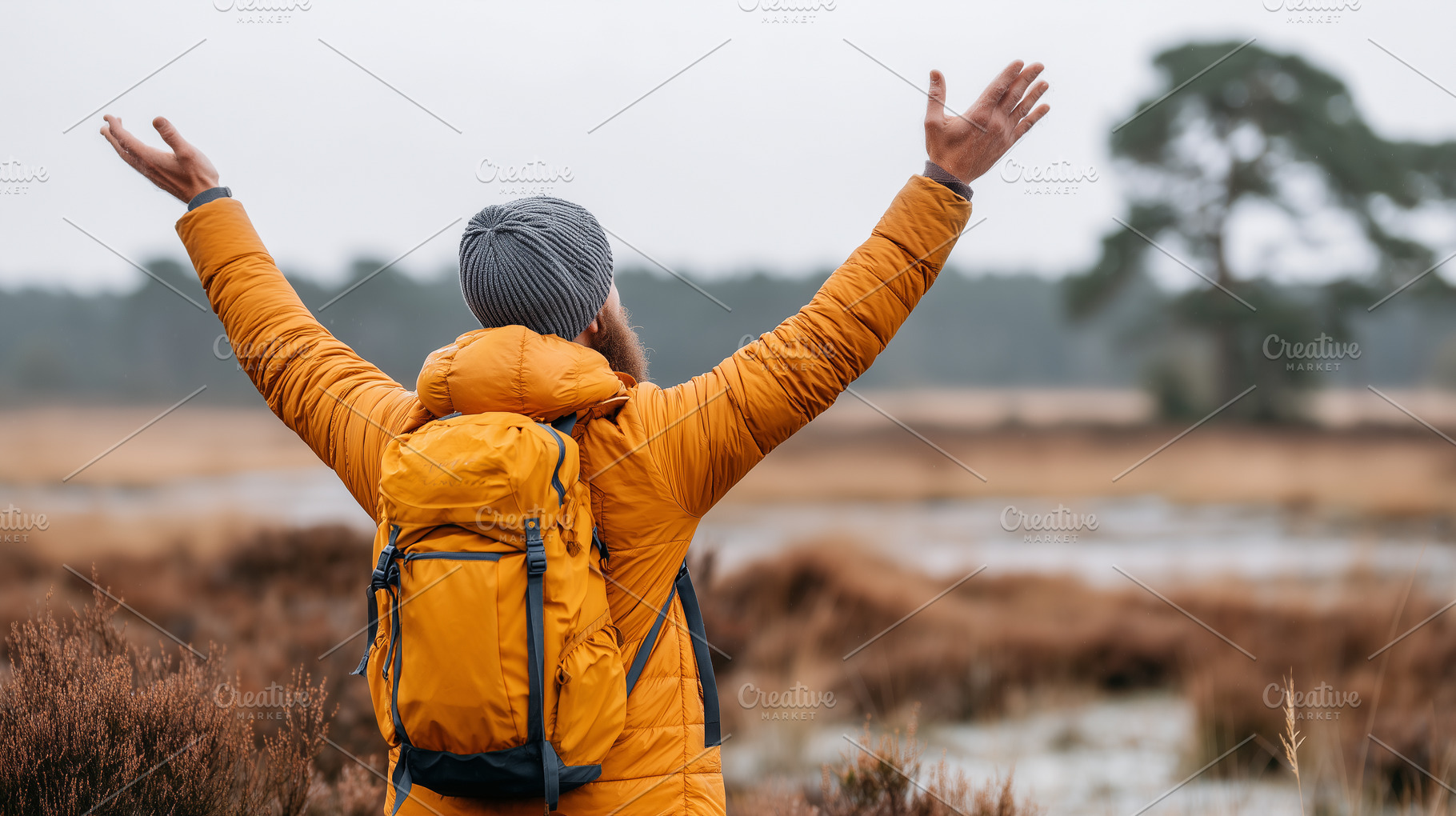 Man in yellow jacket with backpack, a Person Photo by MistyDay