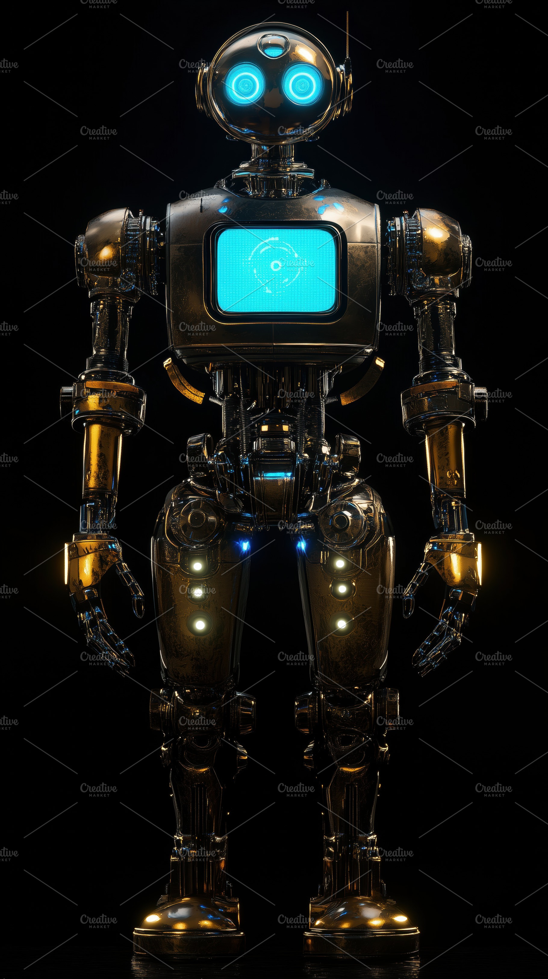 A shiny, humanoid robot with a metallic body and glowing blue eyes. It features, an Industrial Photo by Textures & Backgrounds