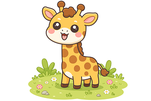 Giraffe Cartoon Standing in Meadow, an Animal Illustration by Artpon Illustration