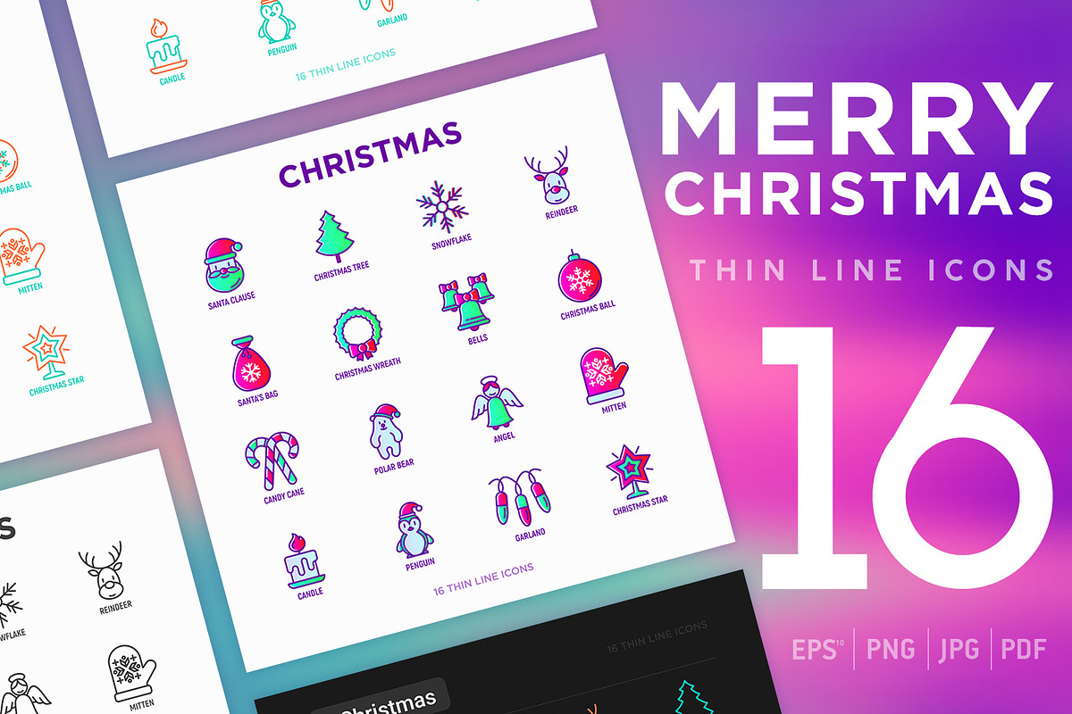 Merry Christmas | 16 Thin Line Icons, an Outline Icon by Alex Blogoodf (Photo 1 of 7)