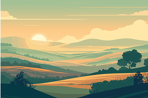 Cartoon sunrise in the hills in, an Illustration by LadadikArt