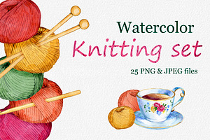 Hand drawn watercolor knittig set