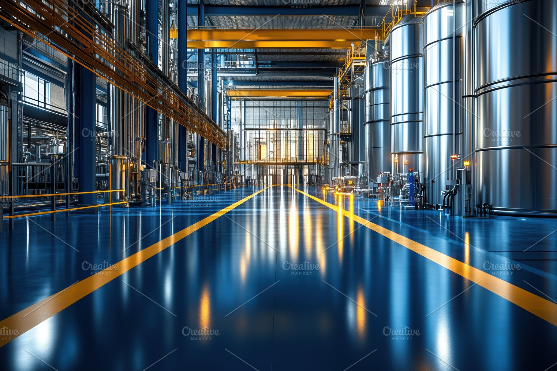 A modern industrial facility featuring large stainless steel tanks, bright blue, an Industrial Photo by Textures & Backgrounds