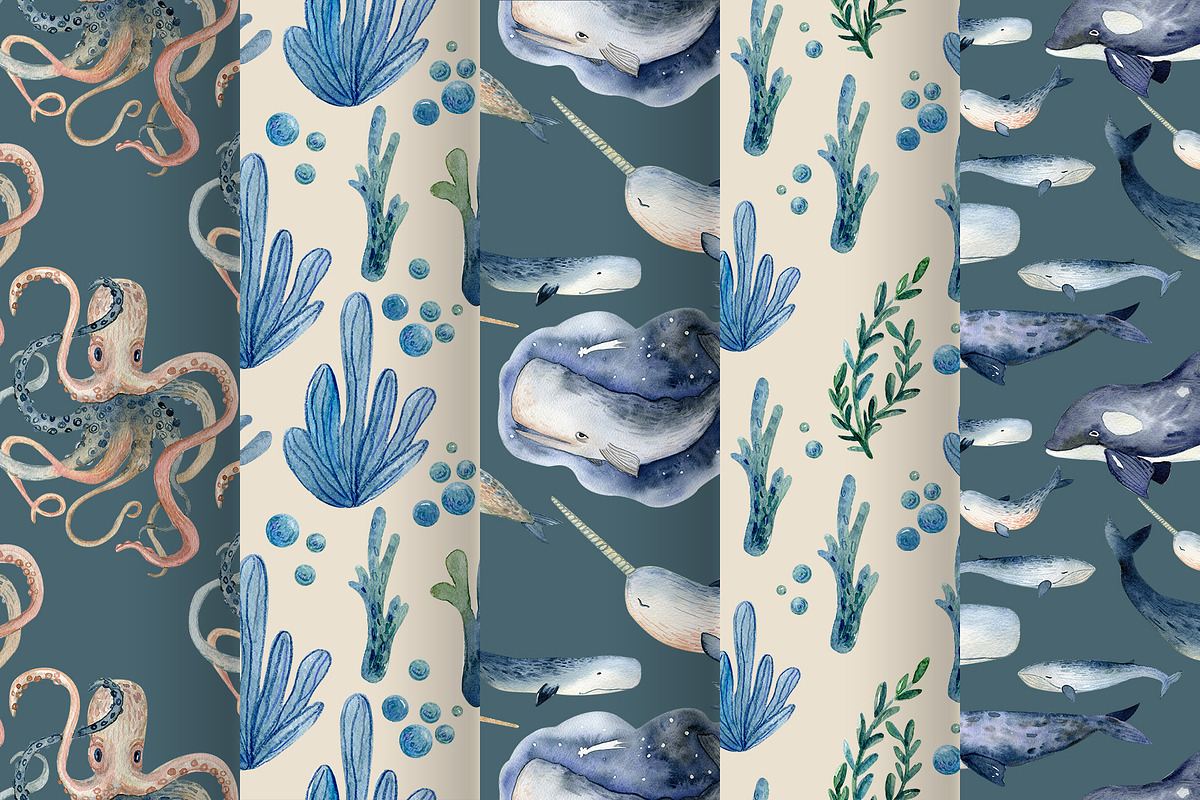 Watercolor Whales & Patterns, an Animal Illustration by annasokol_ (Photo 5 of 6)