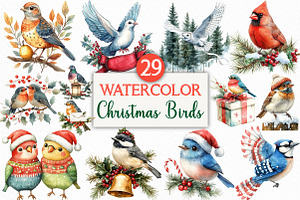 Watercolor Christmas Birds Clipart, an Illustration by Craft Nest