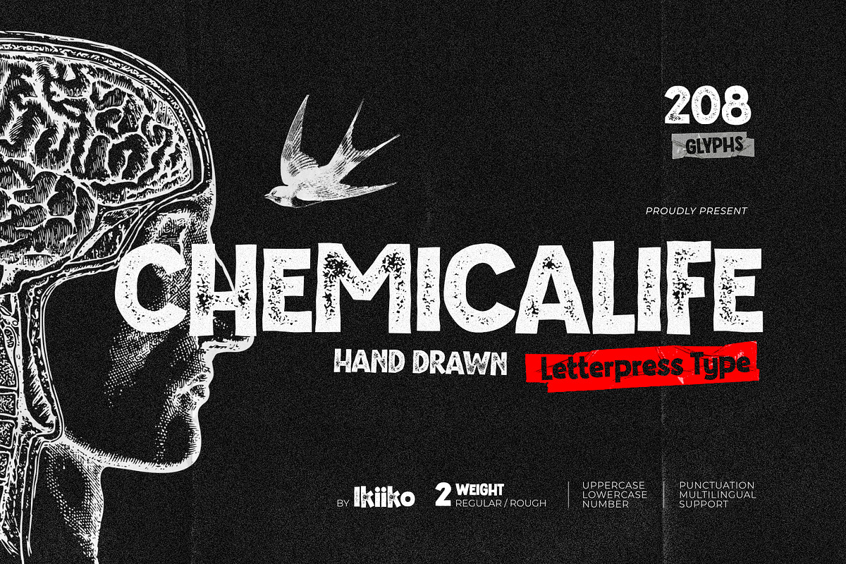 Chemicalife - Hand Drawn Letterpress, a Sans Serif Font by ikiiko (Photo 1 of 7)