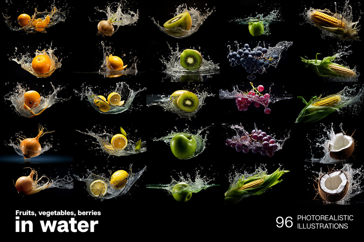 Fruits and vegetables in water, an Object Graphic by Handmadefont (Photo 4 of 11)