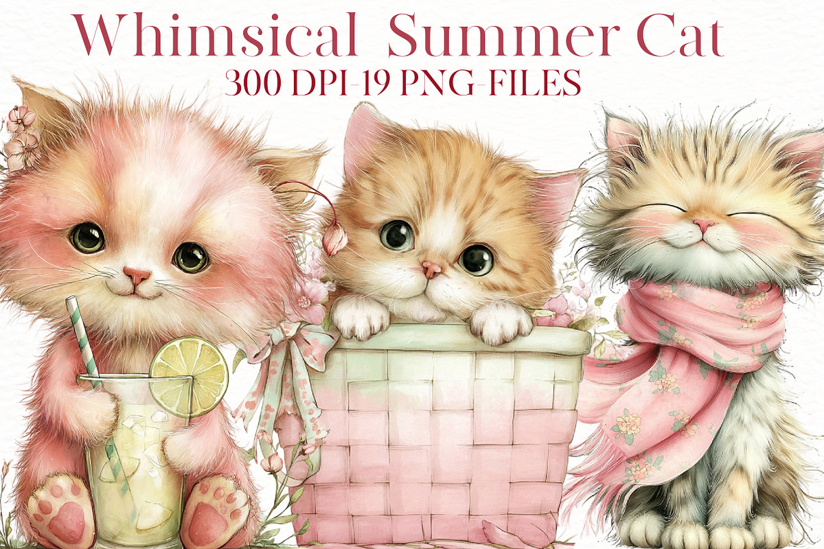 Whimsical Summer cat clipart, an Illustration by Designworld (Photo 1 of 8)