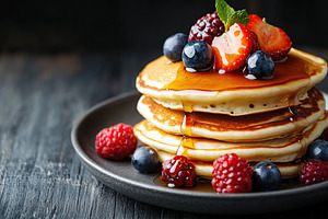 Fluffy pancakes stacked high, topped with fresh berries and drizzled with sweet, a Food & Drink Photo by AlyaAnd