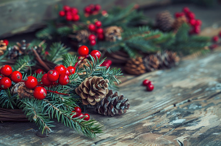 Closeup of festive Christmas wreath with red berries and pinecones on rustic wo, an Industrial Photo by José Manuel Gelpi