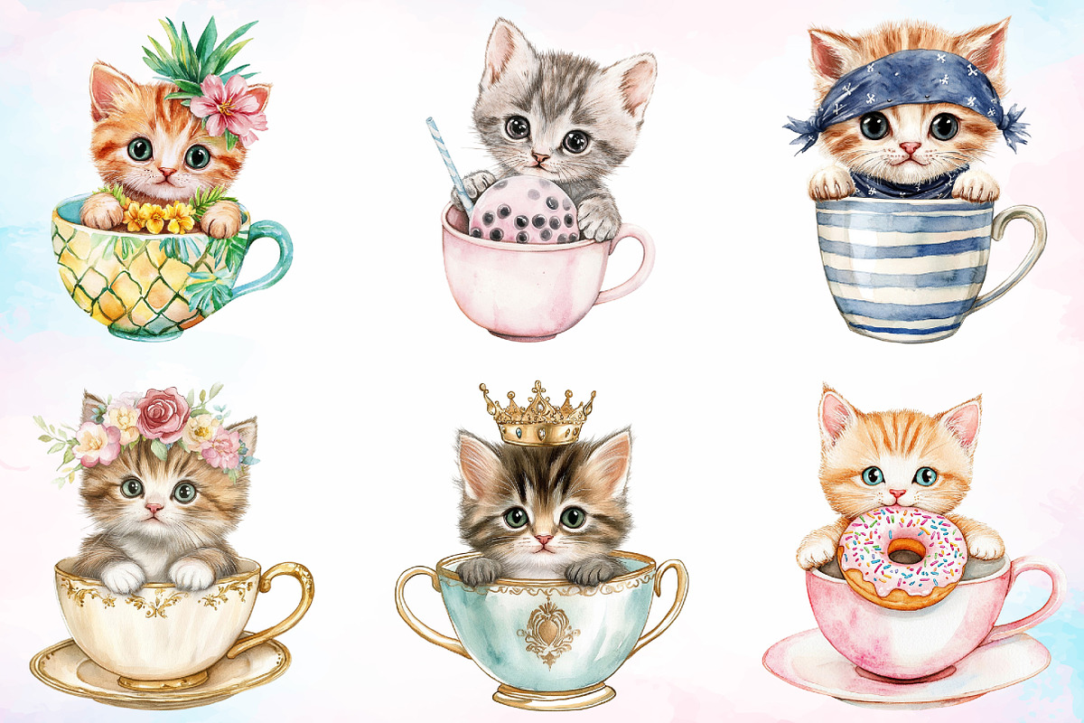 Watercolor Kitten in Teacup Clipart, an Illustration by Canvas Craft (Photo 3 of 4)