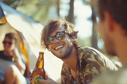 Camper smiles with drink outdoors, a Nature Photo by Beautiful things