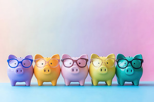 Vibrant piggy banks with glasses, a Photo by Pavel_design