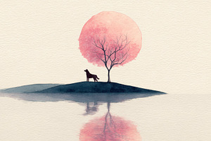 Wolf stands near tree under pink sun, a Photo by Beautiful things