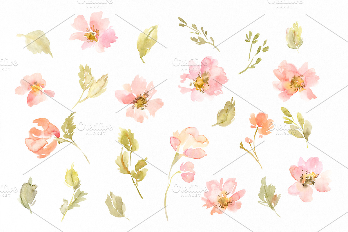 Watercolor Pink Flowers Green Leaves, an Illustration by GraphicsDish (Photo 2 of 4)