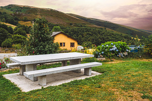 Stone picnic table in garden, an Architecture Photo by SkyNext