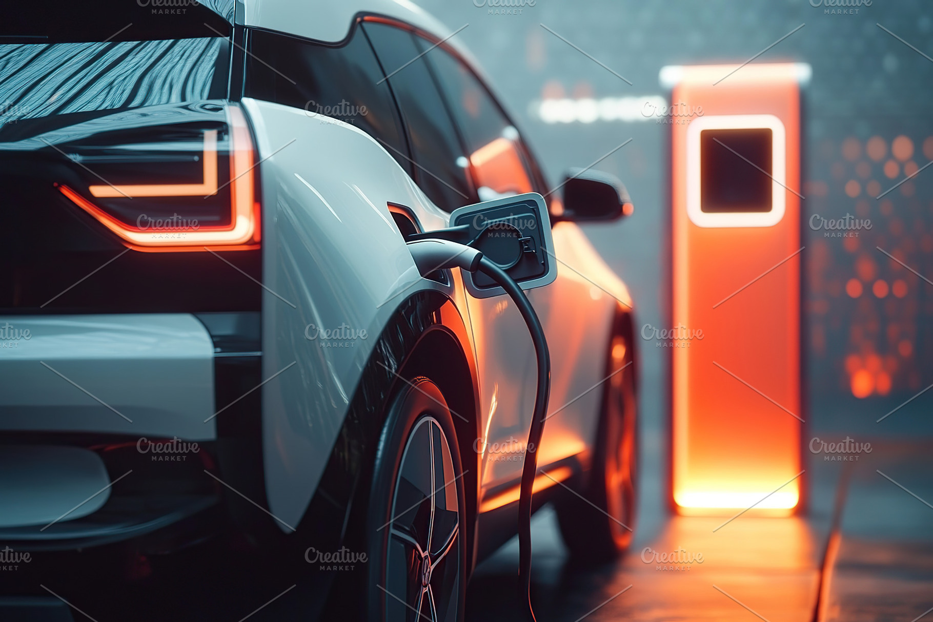 Electric car charging from modern electric station, a Transportation Photo by AlyaAnd