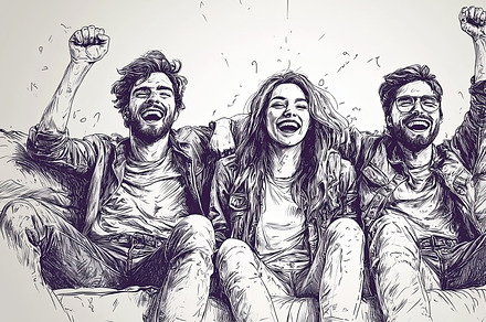 Three friends joyfully cheering together in a lively and exciting moment, an Illustration by AS photostudio