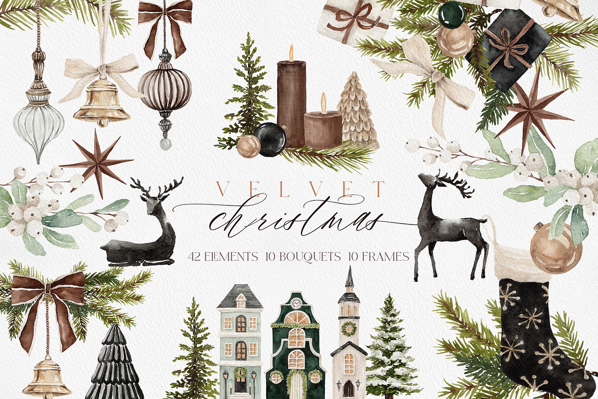 Watercolor Clipart-VELVET CHRISTMAS, a Decorative Illustration by Beigetime (Photo 1 of 17)