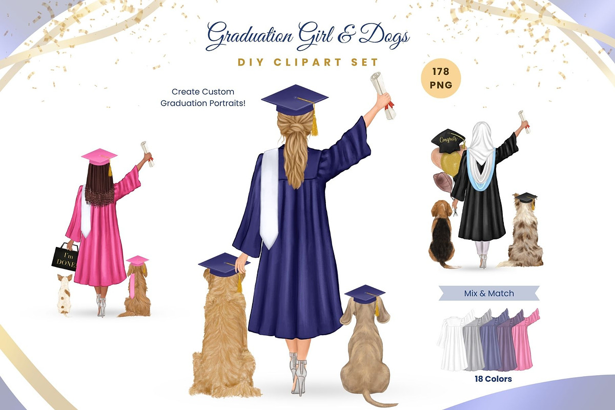 Graduation Girl with Dog Clipart Set, a Person Illustration by ColorfulPT (Photo 1 of 9)