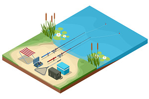 Isometric fishing by the lake, an Illustration by Golden Sikorka