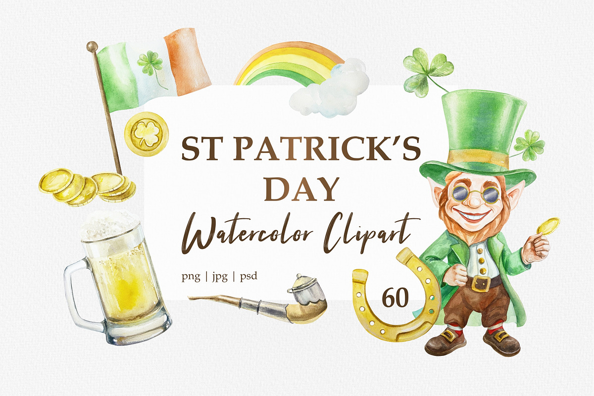 St Patrick's Day Watercolor Clipart, a Seasonal Illustration by Farida Bik (Photo 1 of 11)