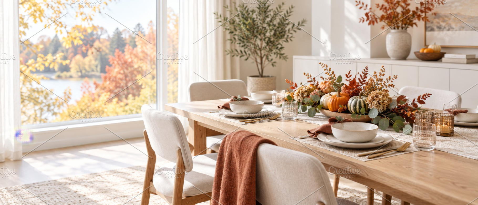 Autumn Thanksgiving dining room with, a Photo by Dvoevnore photos