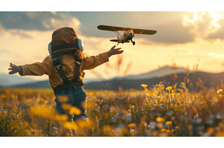 Little Boy Playing in Field With Toy, a Nature Photo by Goinyk