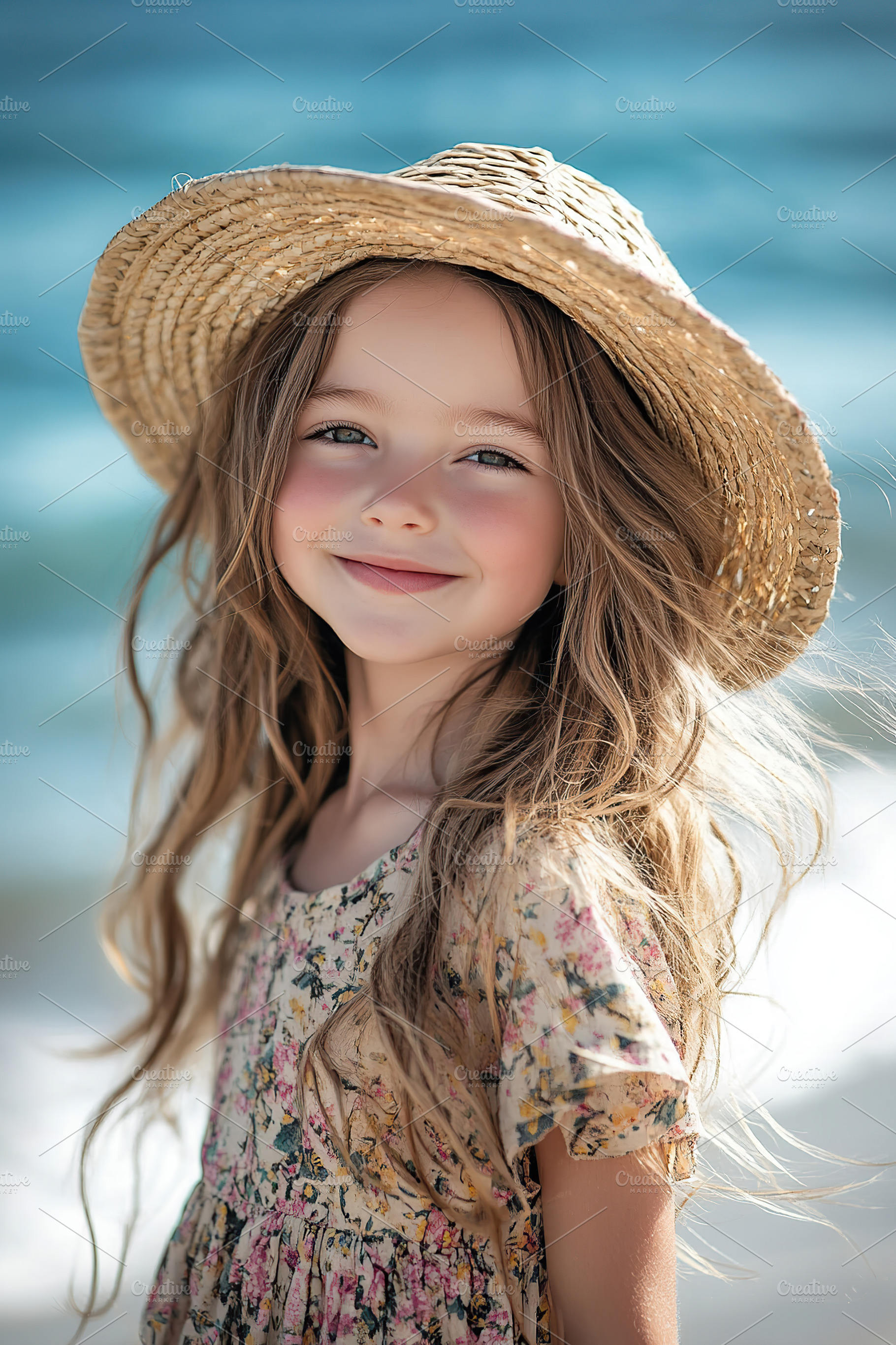 Young girl enjoys a sunny day at the beach wearing a straw hat a, a Person Photo by AlyaAnd