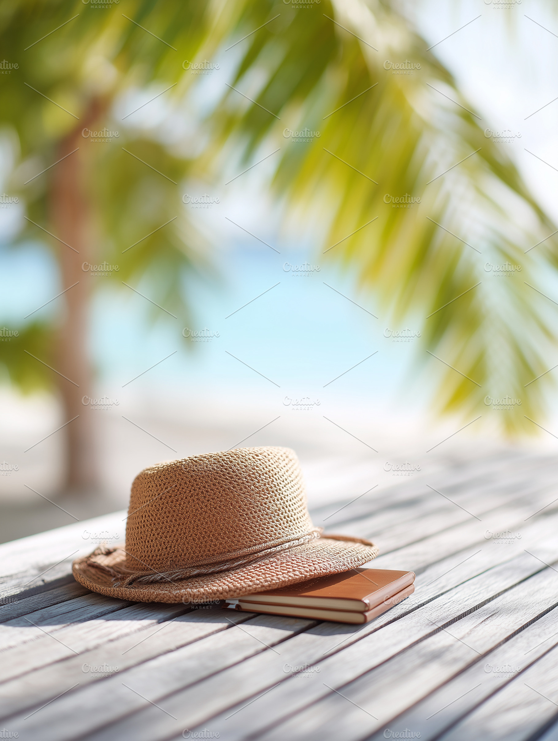 Straw hat and notebook on a table, a Nature Photo by MistyDay