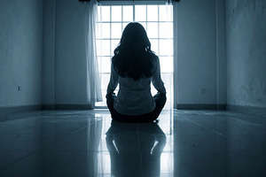 Woman sitting alone in dark room facing bright window, a Person Photo by DanFLCreativo
