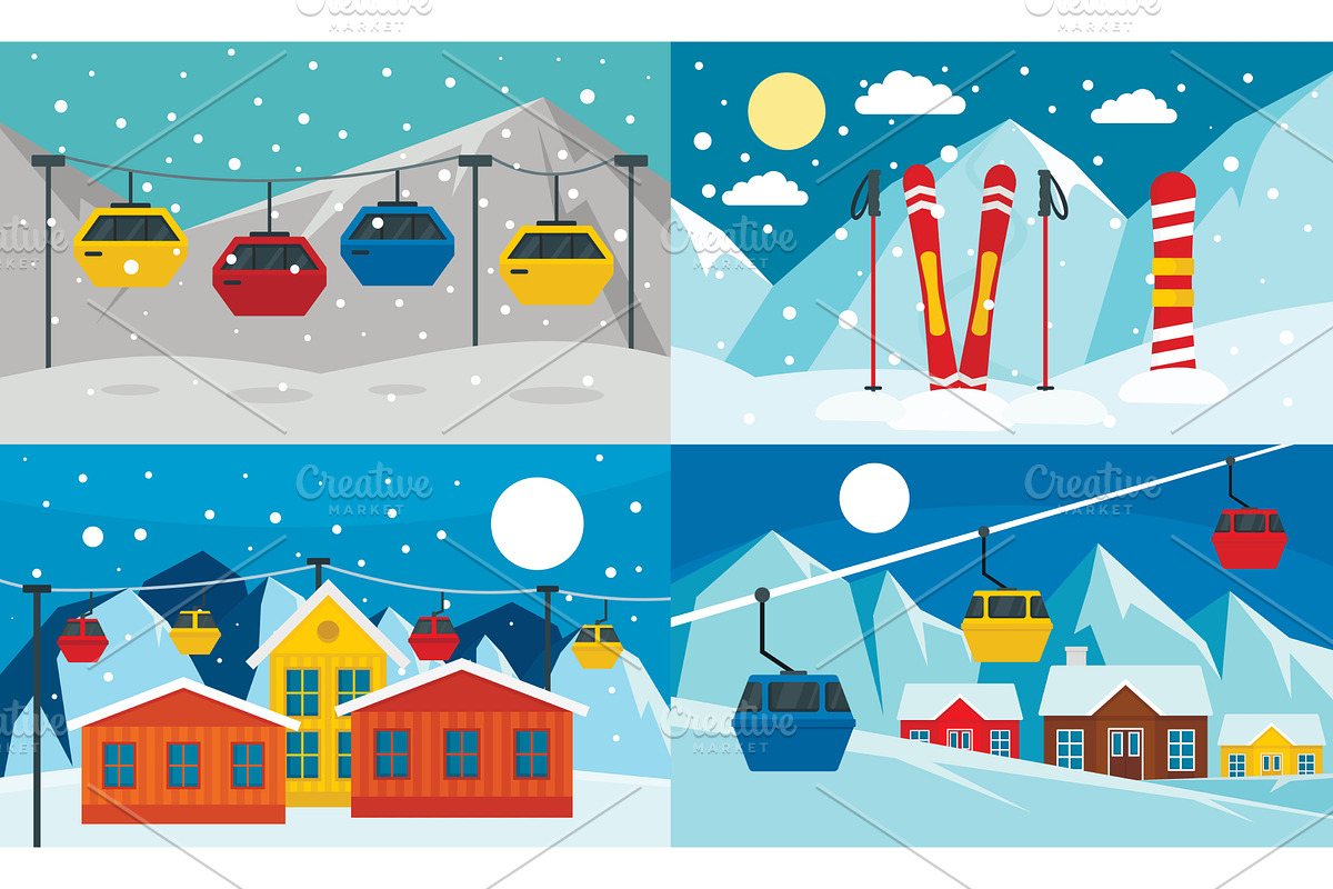 Ski resort banner set, flat style, an Illustration by Ylivdesign