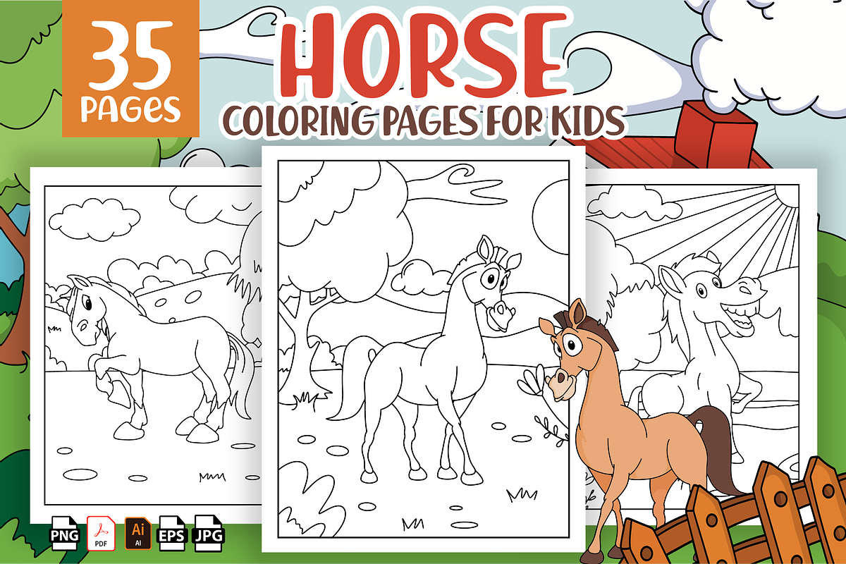 35 Horse Coloring Pages for Kids, an Animal Illustration by MK.CreativeHub (Photo 1 of 4)