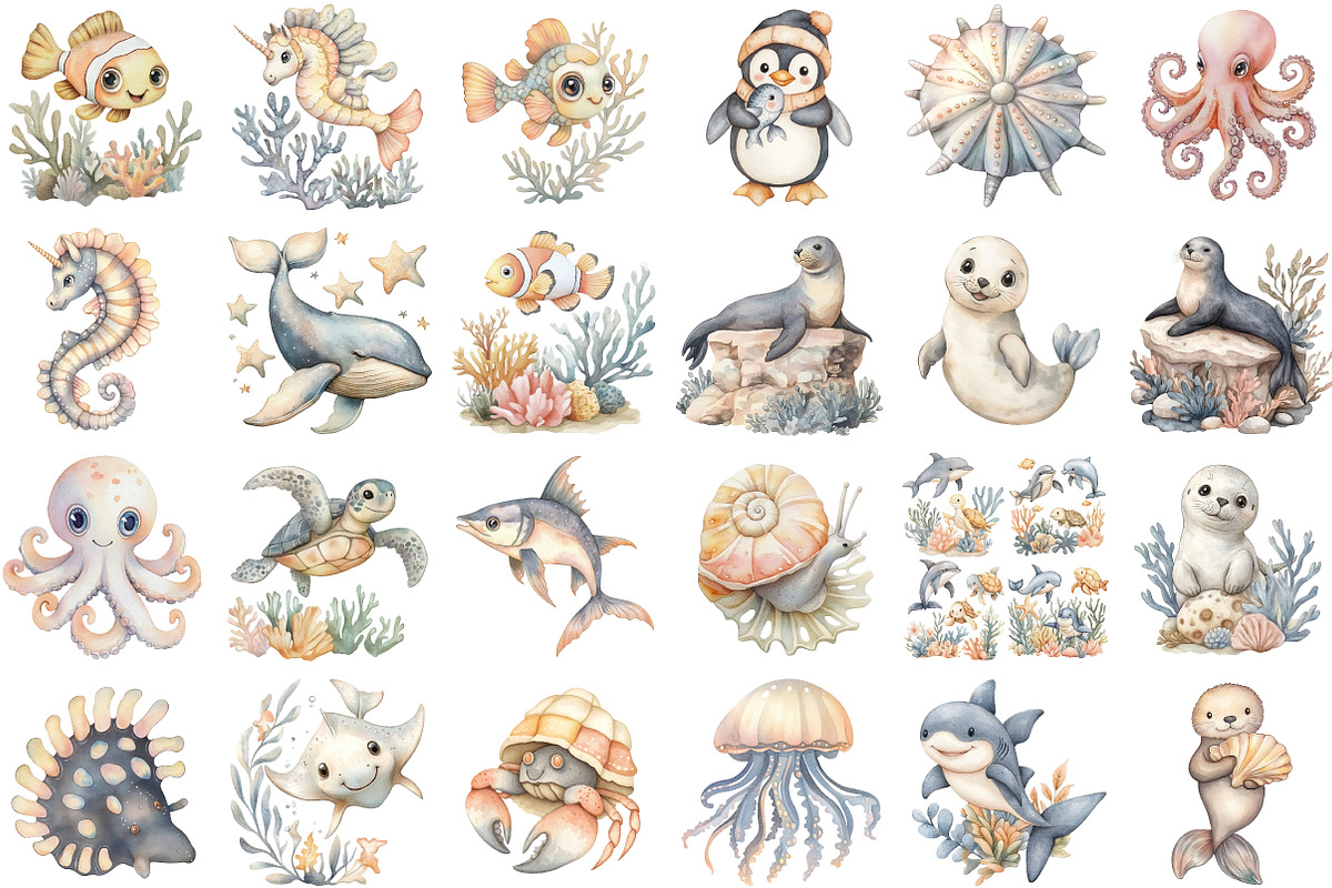 Cute Sea Animals Clipart, an Illustration by Sublimation Artist (Photo 2 of 6)