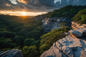 Layered plateau rock catching sunset, an Illustration by wavebreak