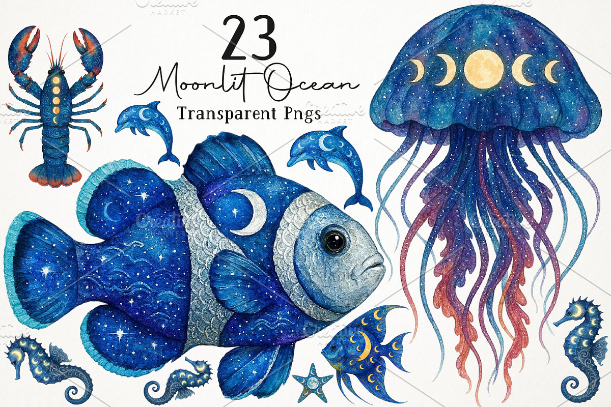 Watercolor Moonlit Ocean PNG Clipart, an Animal Illustration by RobertsArt (Photo 1 of 5)